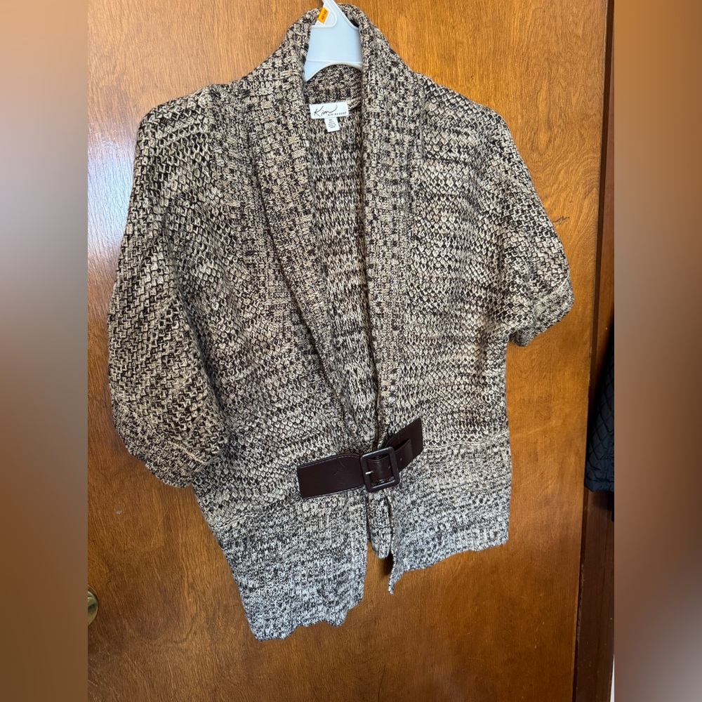 Women’s short sleeve, leather detail sweater/ shrug.
